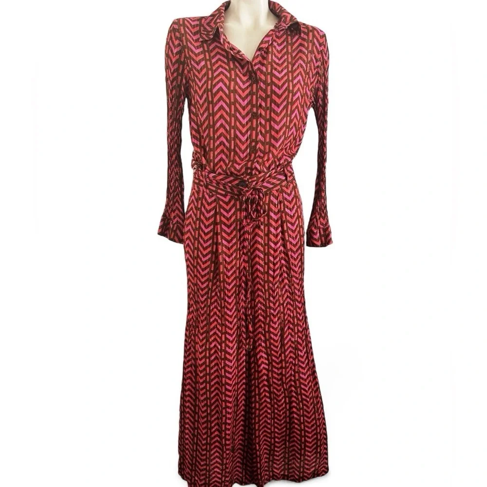SAL ROSA PRINTED PINK BROWN SHIMMER STRIPE PALAZZO PANTS TOP OUTFIT SET SZ L - Picture 6 of 7